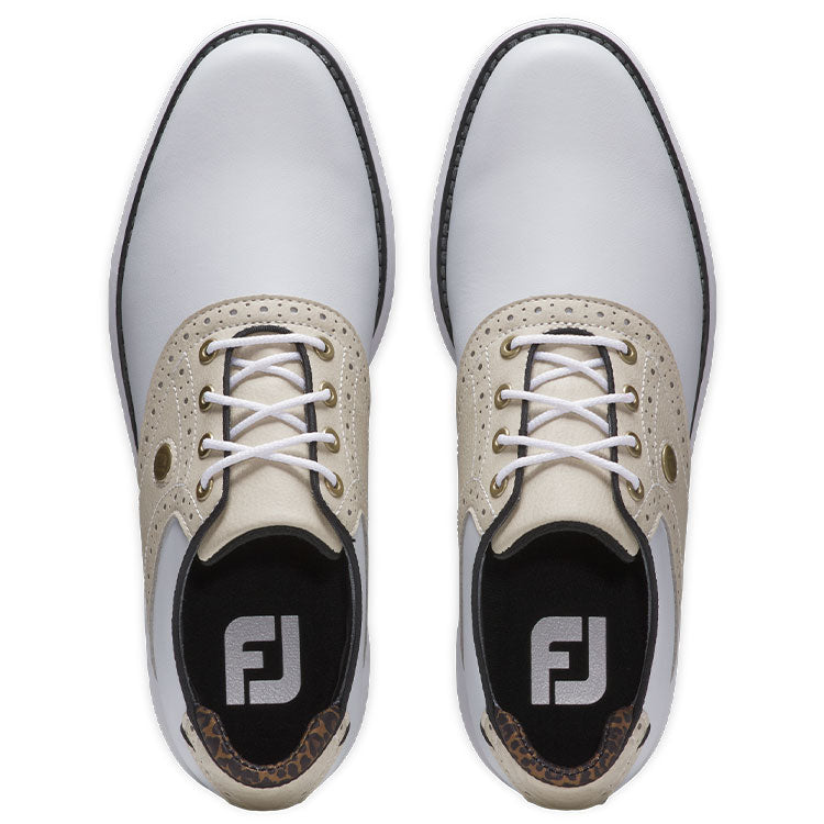 FootJoy Ladies FJ Traditions 97908 Golf Shoes (White/Tan/Black) All Day Comfort In A Modern Classic Style