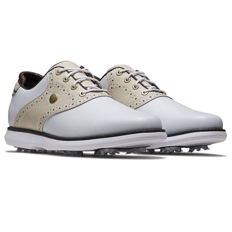  FootJoy Ladies FJ Traditions 97908 Golf Shoes (White/Tan/Black) All Day Comfort In A Modern Classic Style