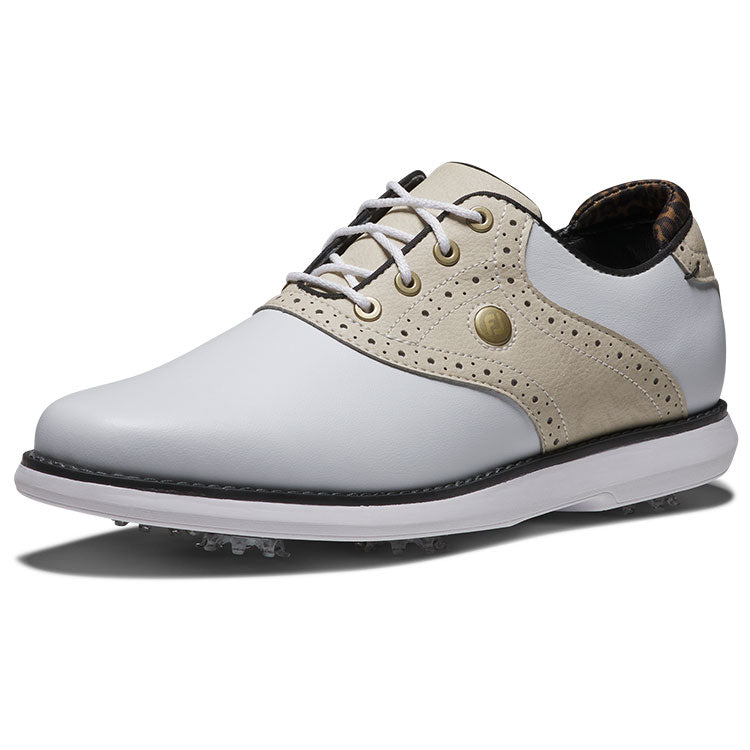  FootJoy Ladies FJ Traditions 97908 Golf Shoes (White/Tan/Black) All Day Comfort In A Modern Classic Style