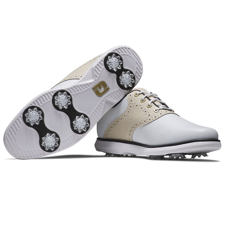  FootJoy Ladies FJ Traditions 97908 Golf Shoes (White/Tan/Black) All Day Comfort In A Modern Classic Style