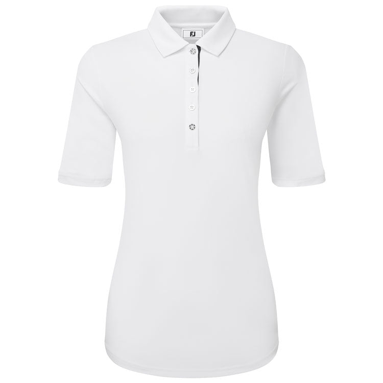  FootJoy Ladies Half Sleeve Ruched Lisle Golf Polo Shirt (White) Cooling Design With ProDry Stretch Fabric
