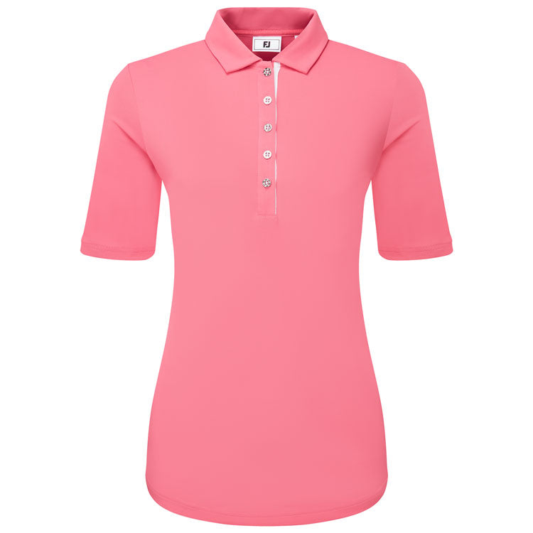  FootJoy Ladies Half Sleeve Ruched Lisle Golf Polo Shirt (Pink Lemonade) Cooling Design With ProDry Stretch Fabric