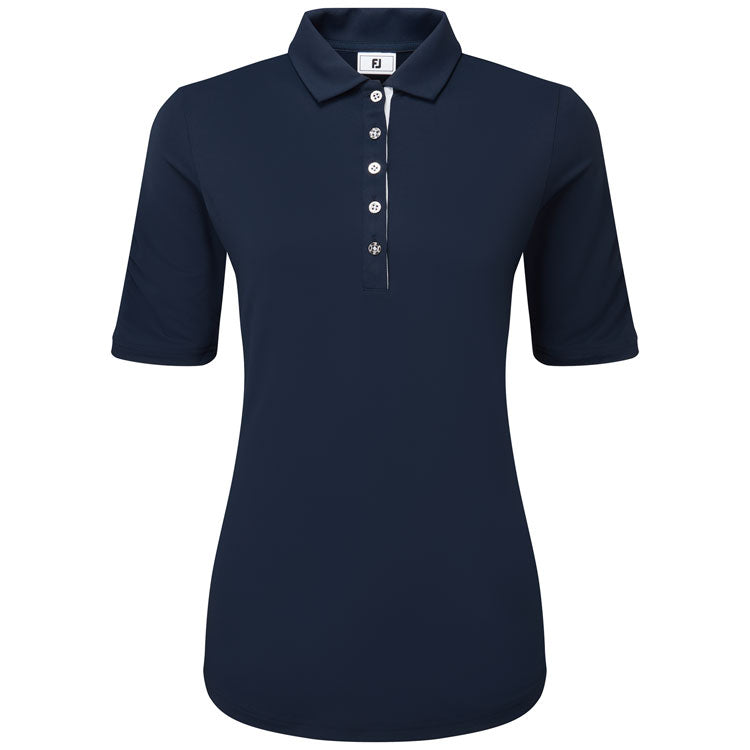  FootJoy Ladies Half Sleeve Ruched Lisle Golf Polo Shirt (Navy) Cooling Design With ProDry Stretch Fabric