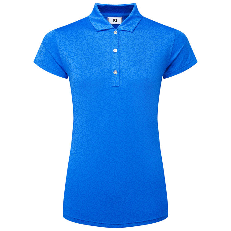  FootJoy Ladies Painted Floral Cap Sleeve Lisle Golf Polo Shirt (Cobalt) Cooling Design With ProDry Stretch Fabric