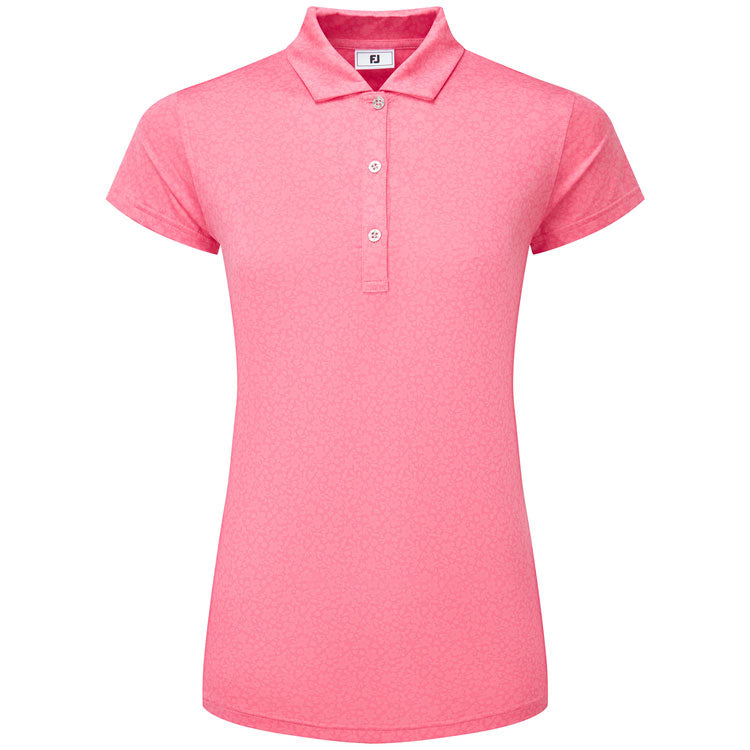  FootJoy Ladies Painted Floral Cap Sleeve Lisle Golf Polo Shirt (Pink Lemonade) Cooling Design With ProDry Stretch Fabric