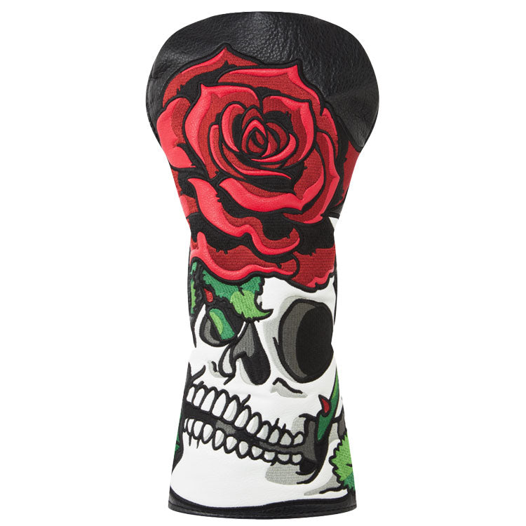  Luna Links Skull & Rose Driver Headcover (Black/White/Red) Premium Synthetic Leather With Embroidery