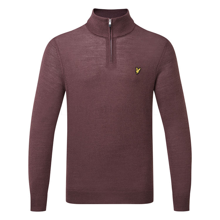 Lyle & Scott Merino 1/4 Zip Golf Sweater (Berry) Merino Wool With Iconic Gold Eagle