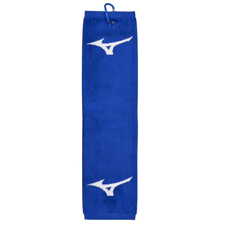  Mizuno RB Tri-Fold Golf Towel (Blue/White) Carabiner Quick Clip For Easy Attachment
