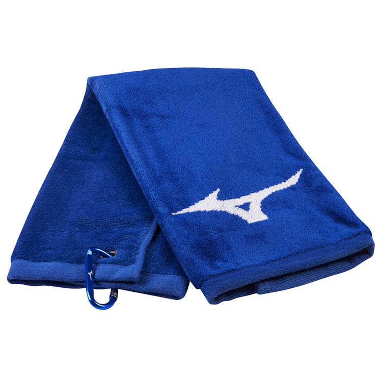  Mizuno RB Tri-Fold Golf Towel (Blue/White) Carabiner Quick Clip For Easy Attachment