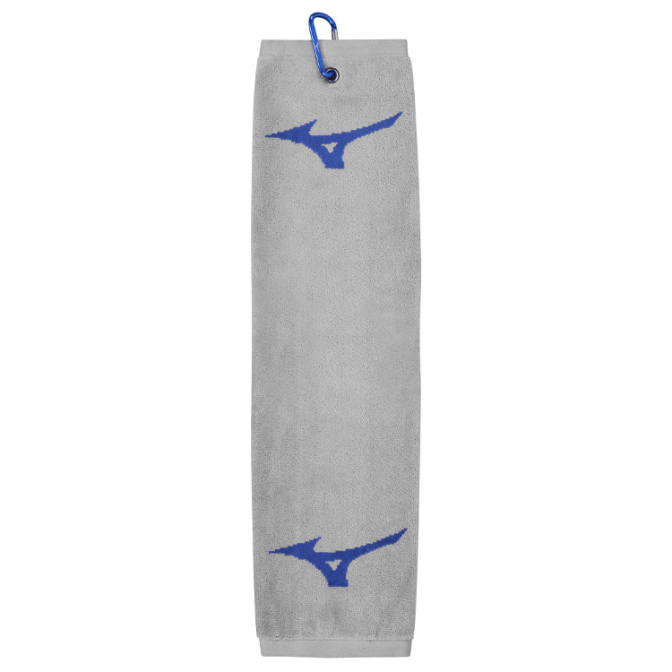  Mizuno RB Tri-Fold Golf Towel (Grey/Blue) Carabiner Quick Clip For Easy Attachment