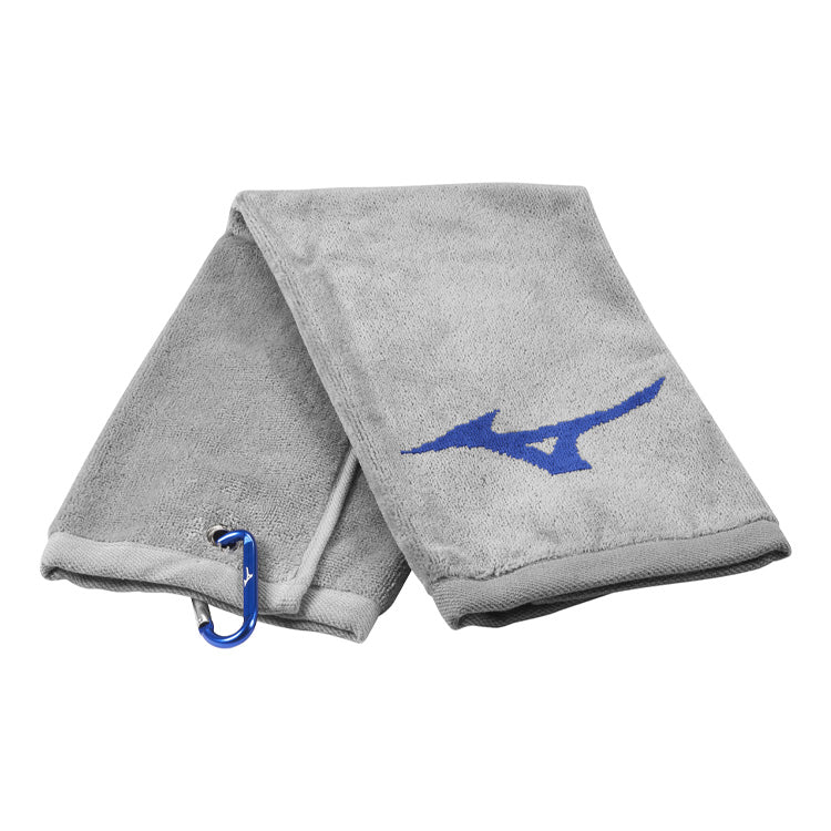  Mizuno RB Tri-Fold Golf Towel (Grey/Blue) Carabiner Quick Clip For Easy Attachment