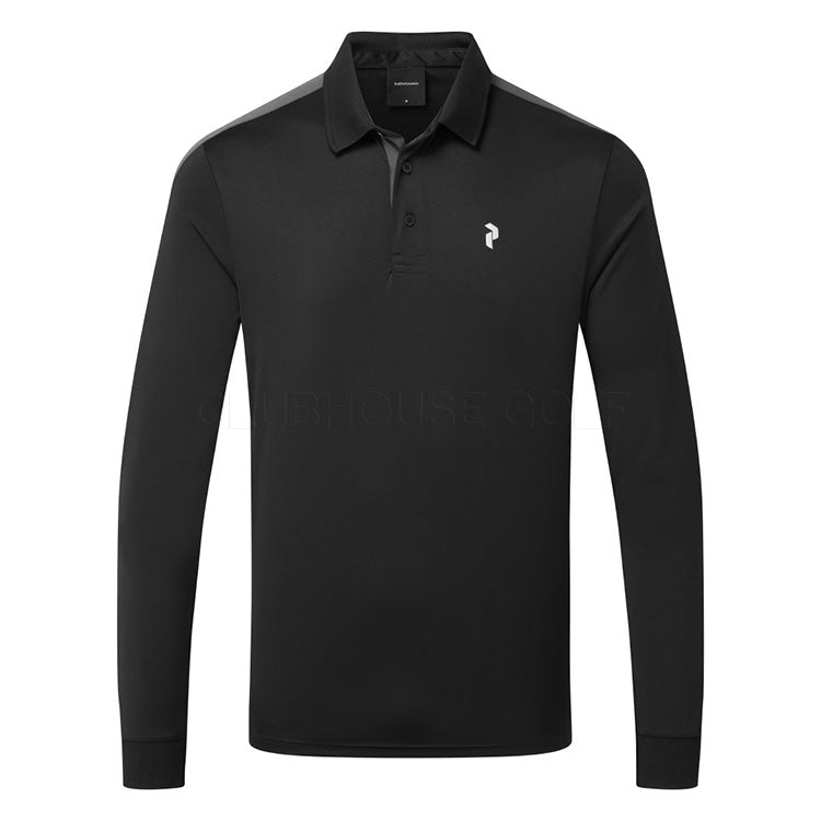  Peak Performance Player Long Sleeve Golf Polo Shirt (Black/Motion Grey) Technical Fabric With Quick-Drying