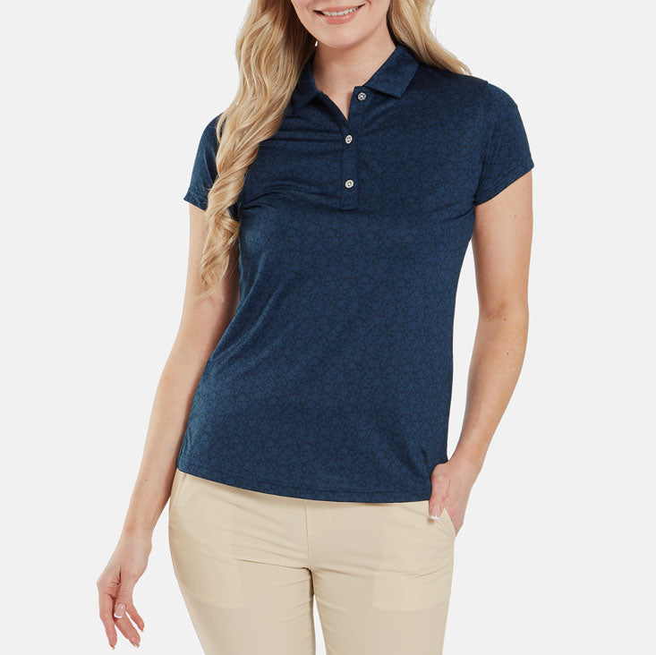  FootJoy Ladies Painted Floral Cap Sleeve Lisle Golf Polo Shirt (Navy) Cooling Design With ProDry Stretch Fabric