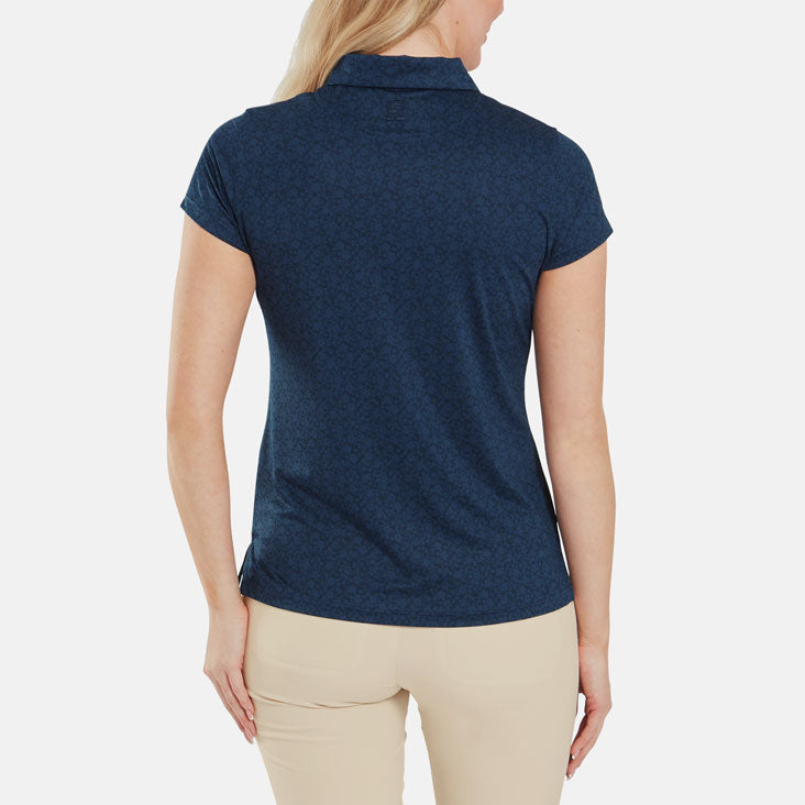  FootJoy Ladies Painted Floral Cap Sleeve Lisle Golf Polo Shirt (Navy) Cooling Design With ProDry Stretch Fabric