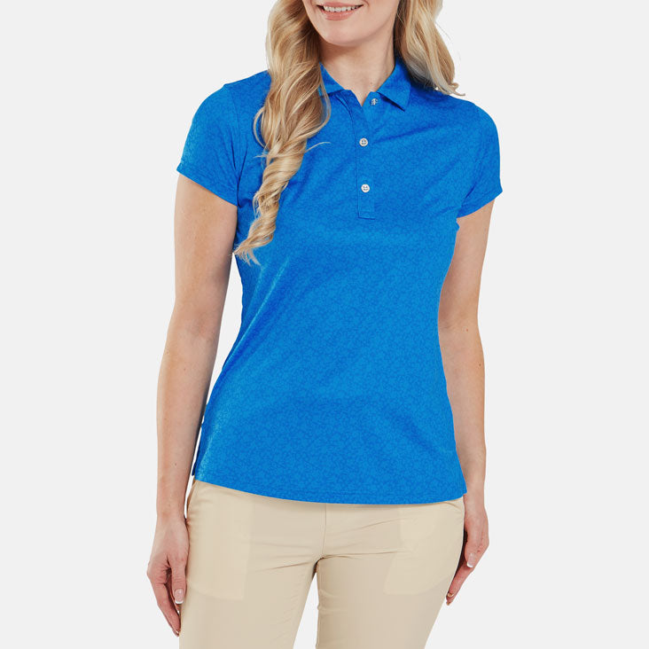  FootJoy Ladies Painted Floral Cap Sleeve Lisle Golf Polo Shirt (Cobalt) Cooling Design With ProDry Stretch Fabric