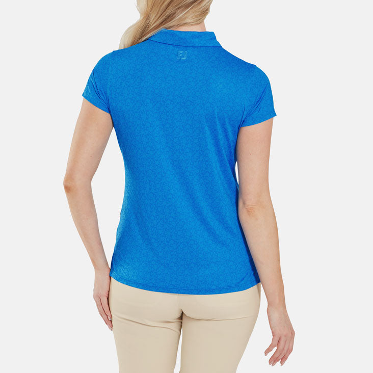 FootJoy Ladies Painted Floral Cap Sleeve Lisle Golf Polo Shirt (Cobalt) Cooling Design With ProDry Stretch Fabric