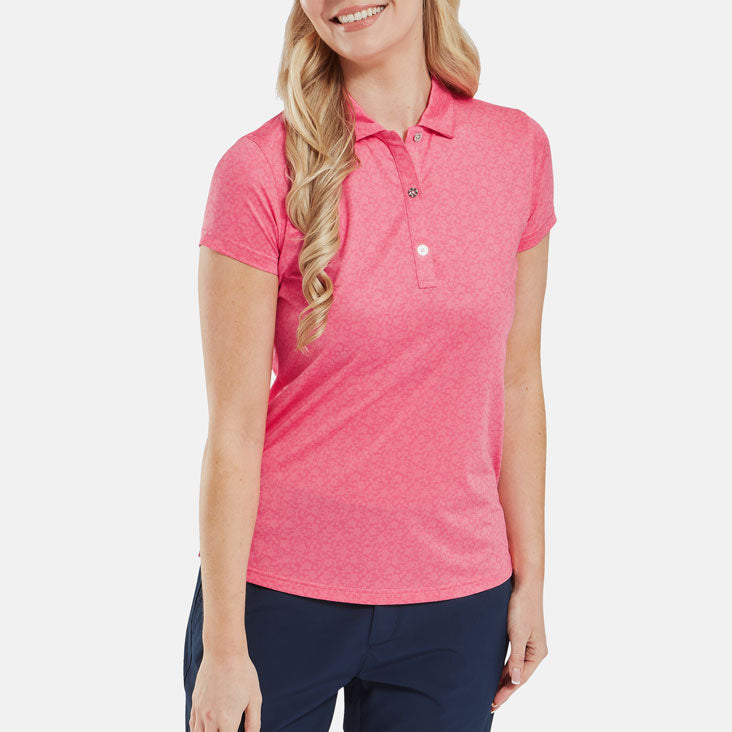  FootJoy Ladies Painted Floral Cap Sleeve Lisle Golf Polo Shirt (Pink Lemonade) Cooling Design With ProDry Stretch Fabric