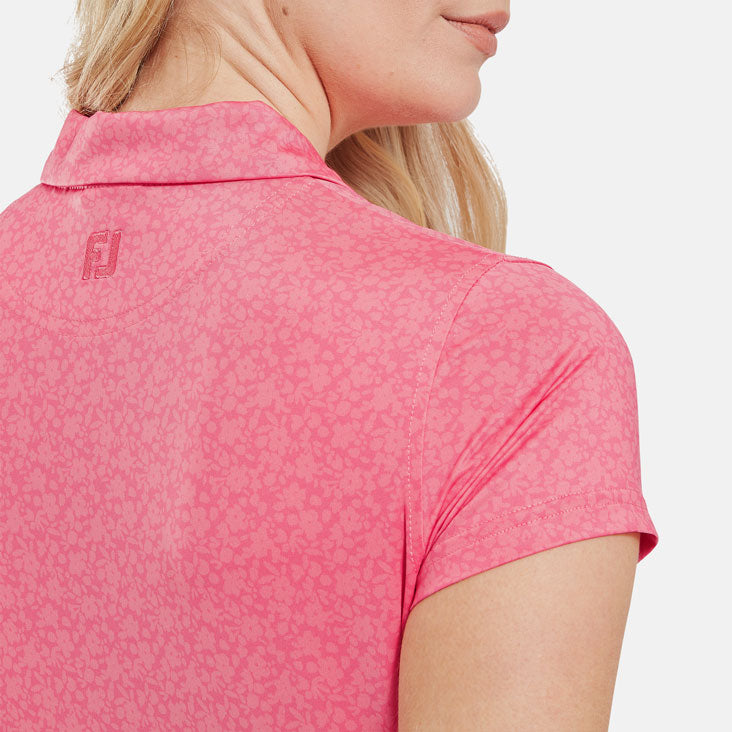  FootJoy Ladies Painted Floral Cap Sleeve Lisle Golf Polo Shirt (Pink Lemonade) Cooling Design With ProDry Stretch Fabric