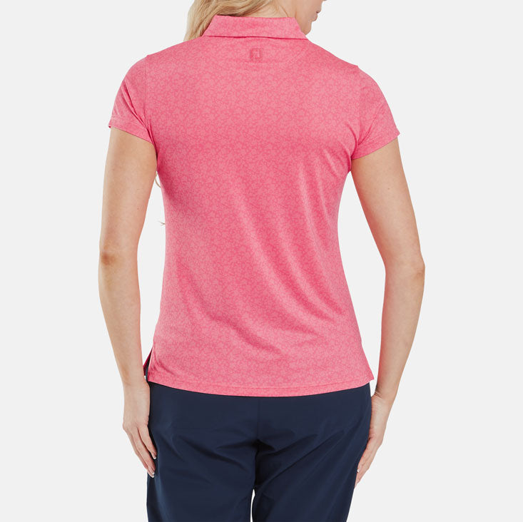  FootJoy Ladies Painted Floral Cap Sleeve Lisle Golf Polo Shirt (Pink Lemonade) Cooling Design With ProDry Stretch Fabric