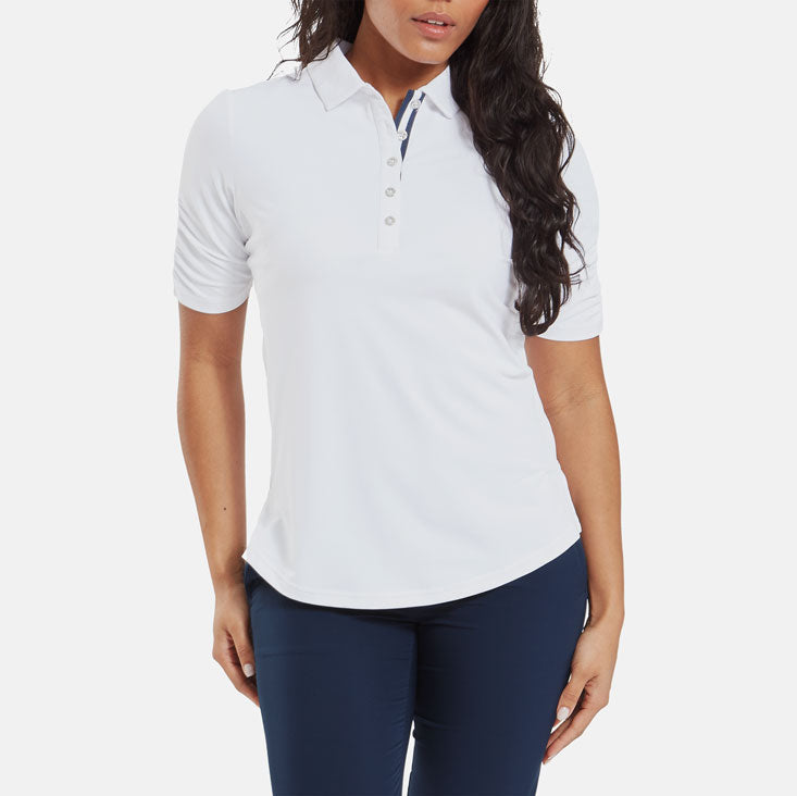  FootJoy Ladies Half Sleeve Ruched Lisle Golf Polo Shirt (White) Cooling Design With ProDry Stretch Fabric