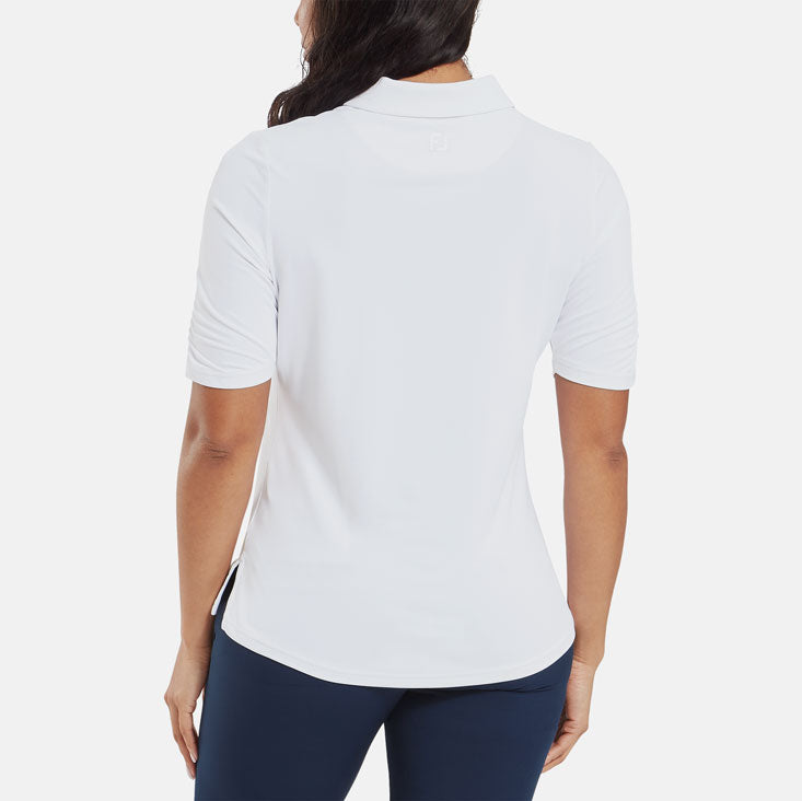  FootJoy Ladies Half Sleeve Ruched Lisle Golf Polo Shirt (White) Cooling Design With ProDry Stretch Fabric