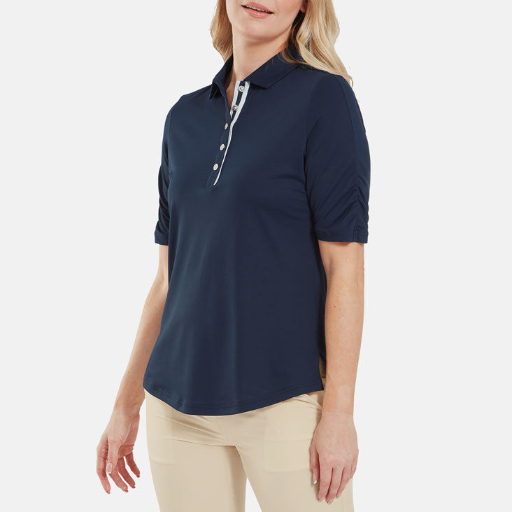  FootJoy Ladies Half Sleeve Ruched Lisle Golf Polo Shirt (Navy) Cooling Design With ProDry Stretch Fabric