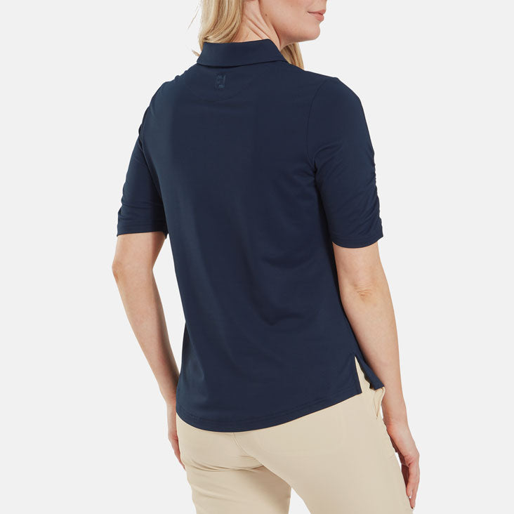  FootJoy Ladies Half Sleeve Ruched Lisle Golf Polo Shirt (Navy) Cooling Design With ProDry Stretch Fabric