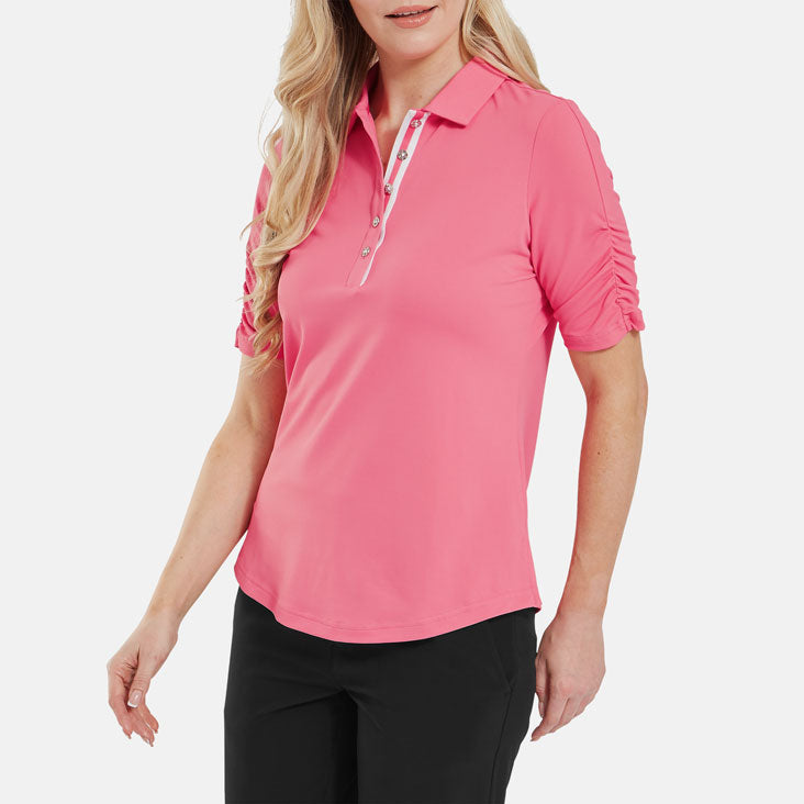  FootJoy Ladies Half Sleeve Ruched Lisle Golf Polo Shirt (Pink Lemonade) Cooling Design With ProDry Stretch Fabric