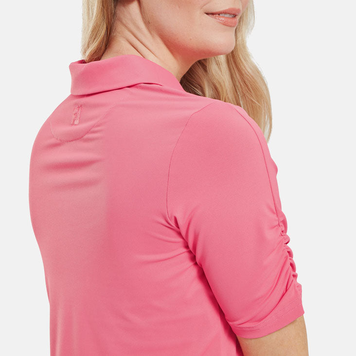  FootJoy Ladies Half Sleeve Ruched Lisle Golf Polo Shirt (Pink Lemonade) Cooling Design With ProDry Stretch Fabric