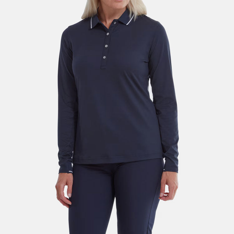  FootJoy Ladies Thermal Long Sleeved Golf Polo Shirt (Navy) Cooling Design With ProDry Stretch Fabric