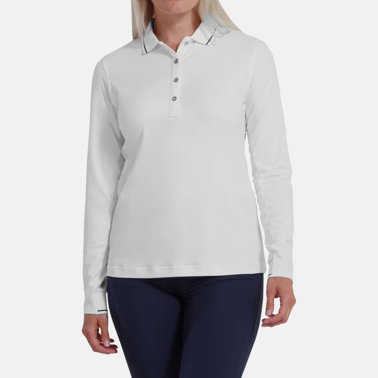  FootJoy Ladies Thermal Long Sleeved Golf Polo Shirt (White) Cooling Design With ProDry Stretch Fabric