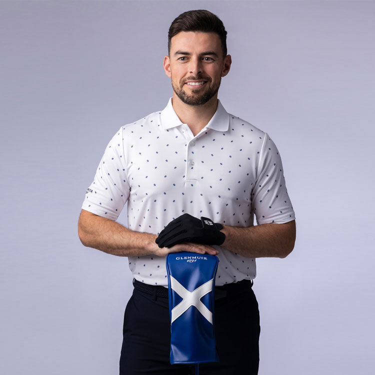  Glenmuir Crawford Golf Polo Shirt (White/Navy/Saltire Flags) Technical Performance With Moisture Wicking