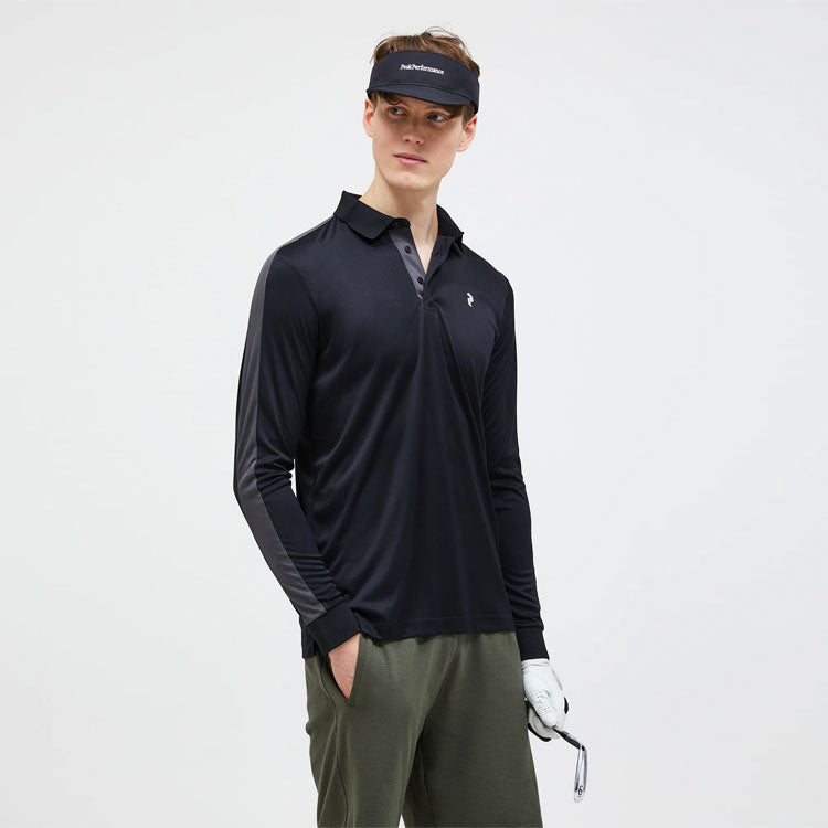  Peak Performance Player Long Sleeve Golf Polo Shirt (Black/Motion Grey) Technical Fabric With Quick-Drying
