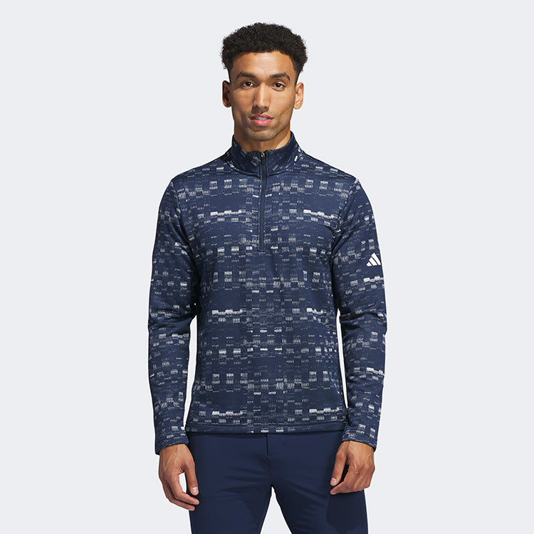  Adidas Core Print 1/4 Zip Golf Sweater (Collegiate Navy/White) Midweight Knit Fabric For More Warmth