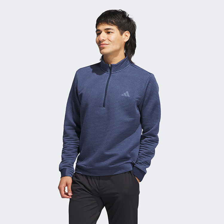  Adidas DWR Ultimate365 Textured 1/4 Zip Golf Sweater (Collegiate Navy/Preloved Ink) Double Knit Fabric With Water Repellence