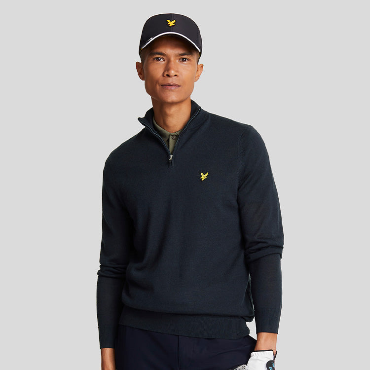  Lyle & Scott Merino 1/4 Zip Golf Sweater (Jet Black) Merino Wool With Iconic Gold Eagle